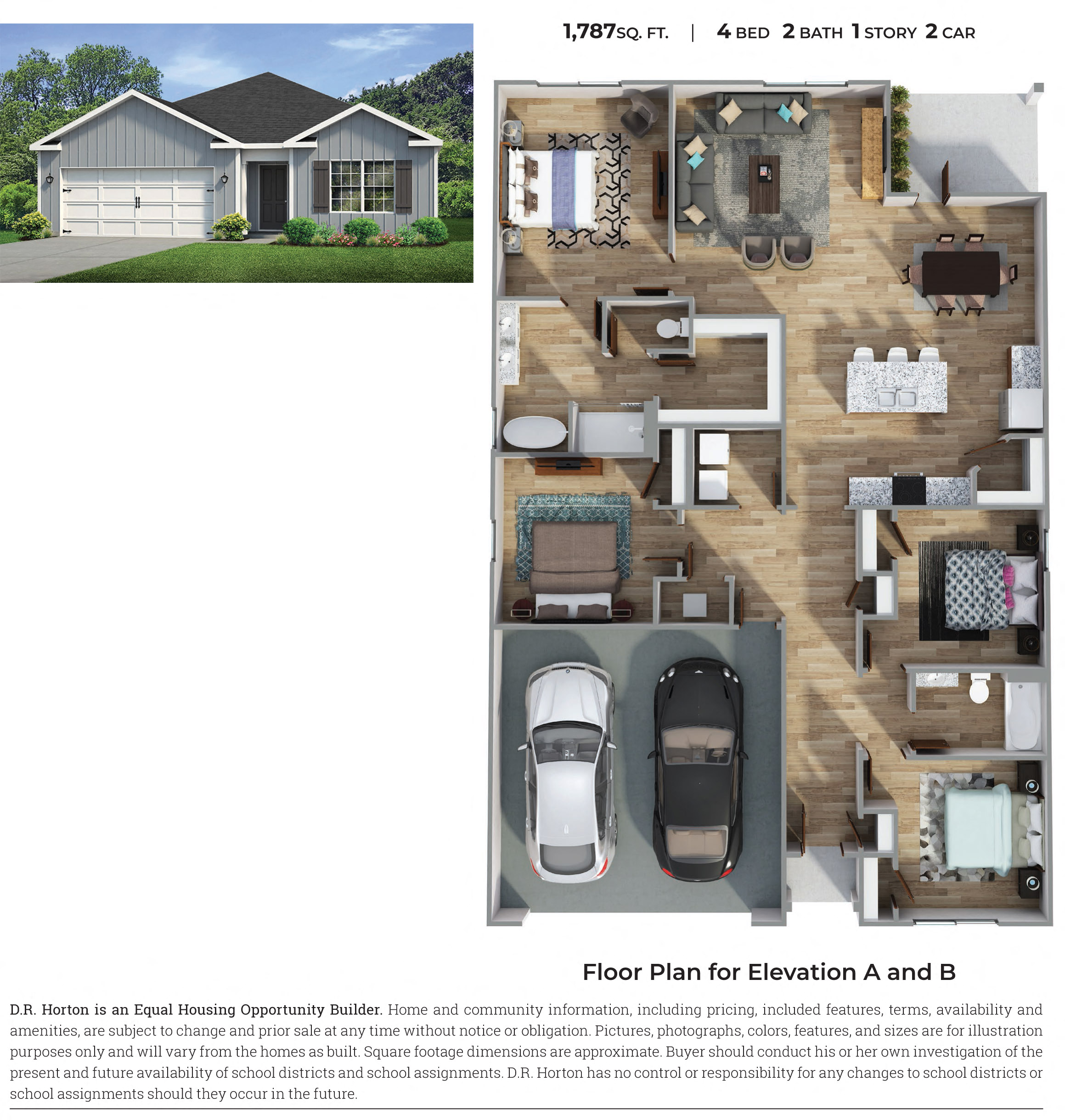 Floor plan for 4 beds, 2 baths, 1787 sqft